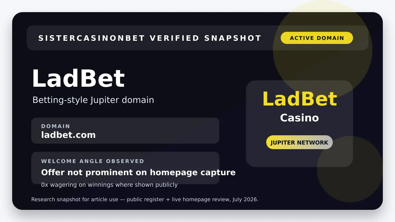 LadBet verified snapshot graphic for the Jupiter Gaming sister-site group
