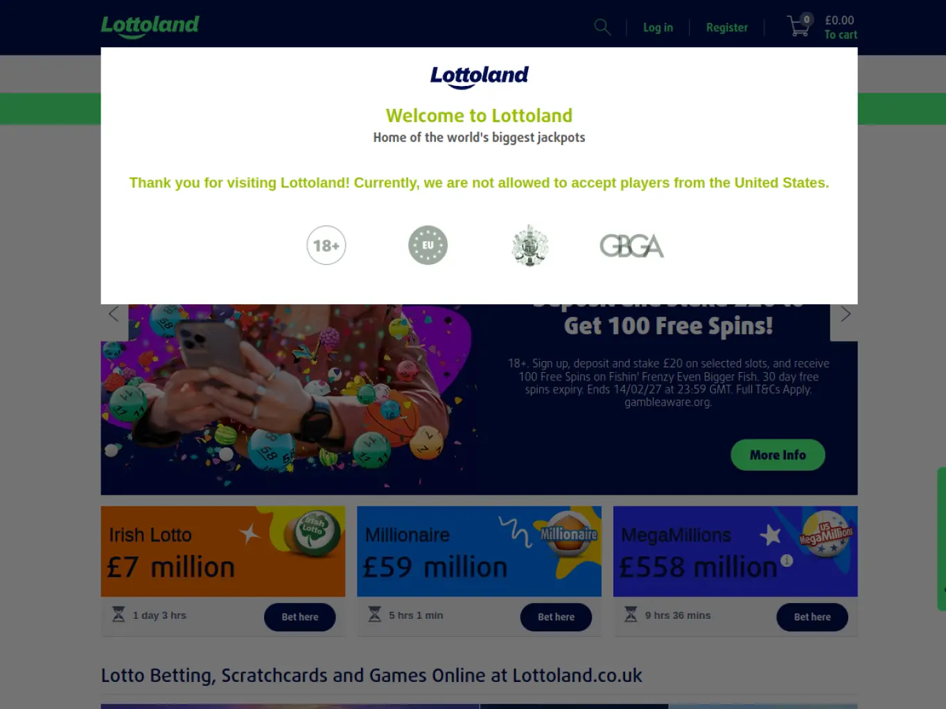 Screenshot of the public Lottoland homepage captured 24 July 2026