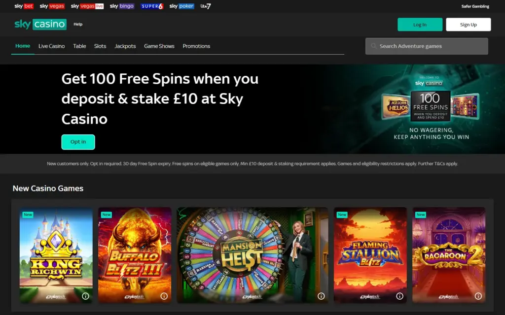 Sky Casino homepage