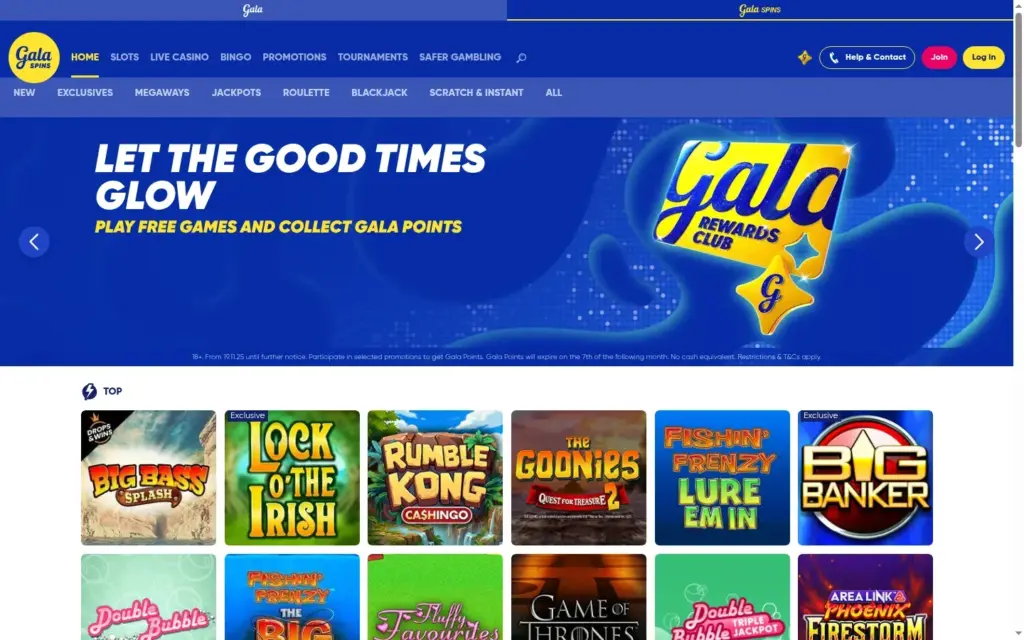 Gala Spins homepage