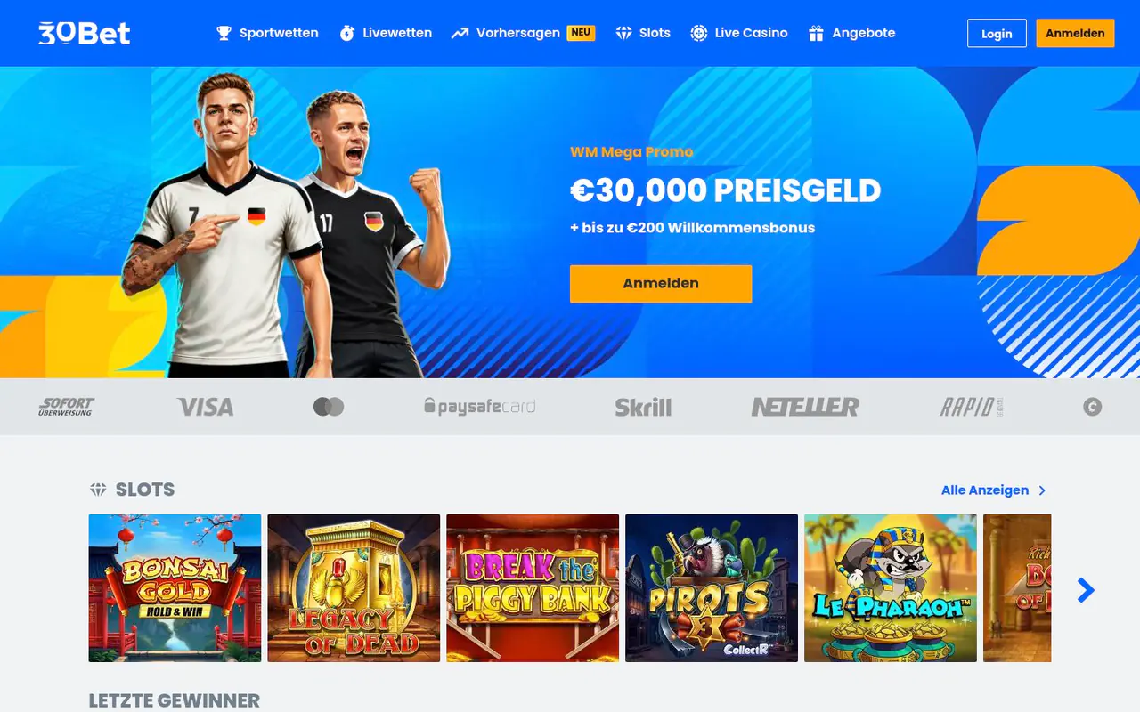 30 Bet homepage screenshot