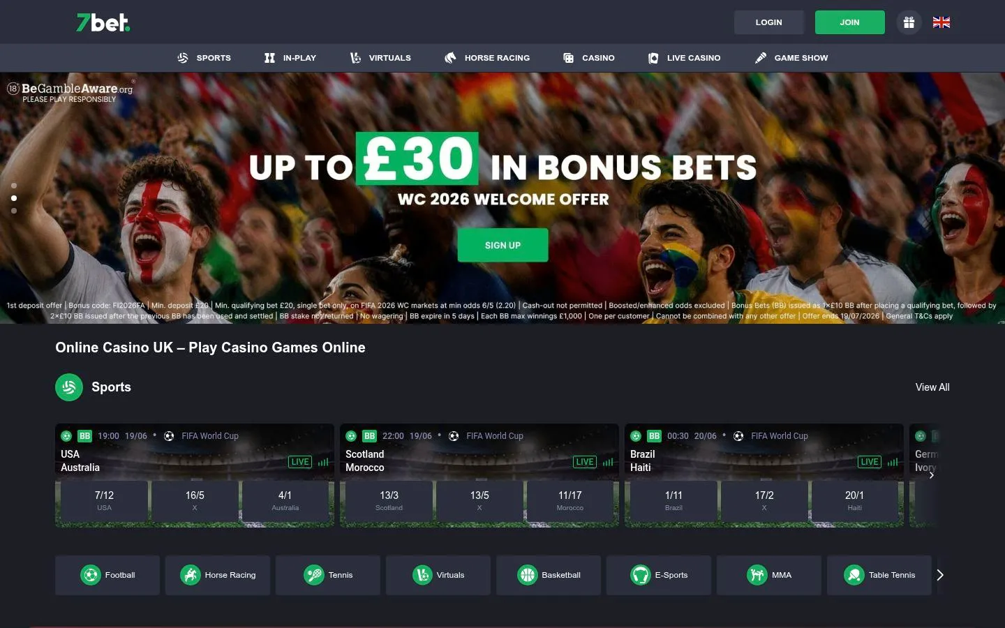 7Bet homepage screenshot