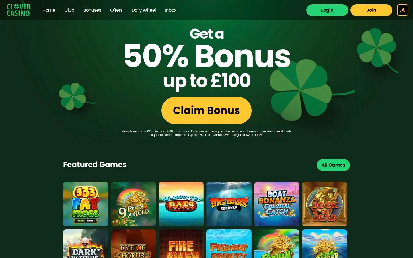 Clover Casino homepage screenshot