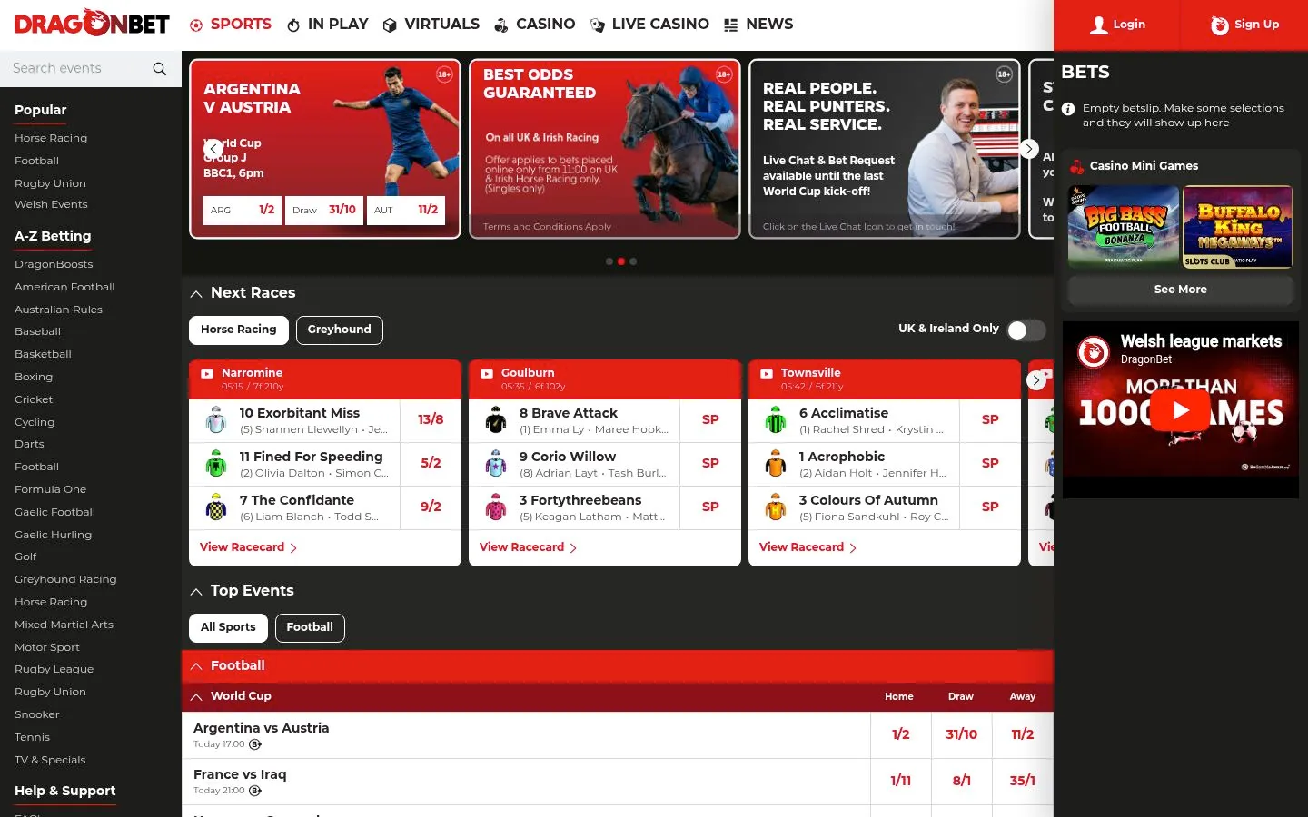 Dragonbet homepage screenshot
