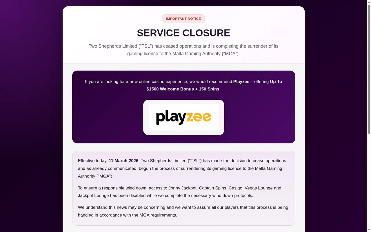 Jonny Jackpot homepage screenshot