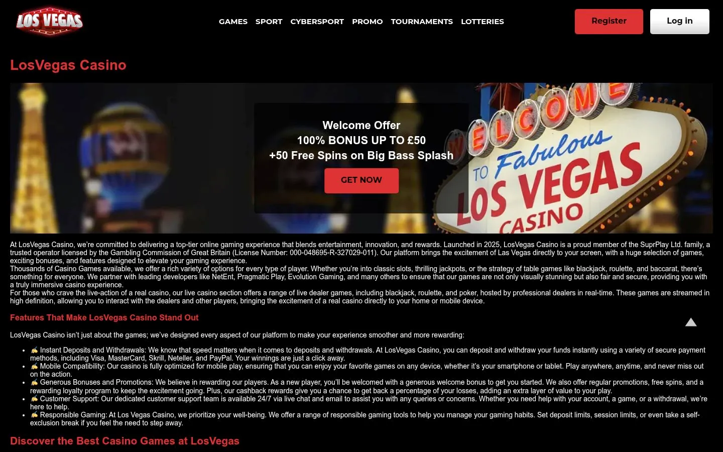 LosVegas Casino homepage screenshot