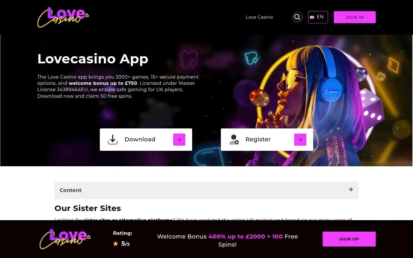 Love Casino homepage screenshot