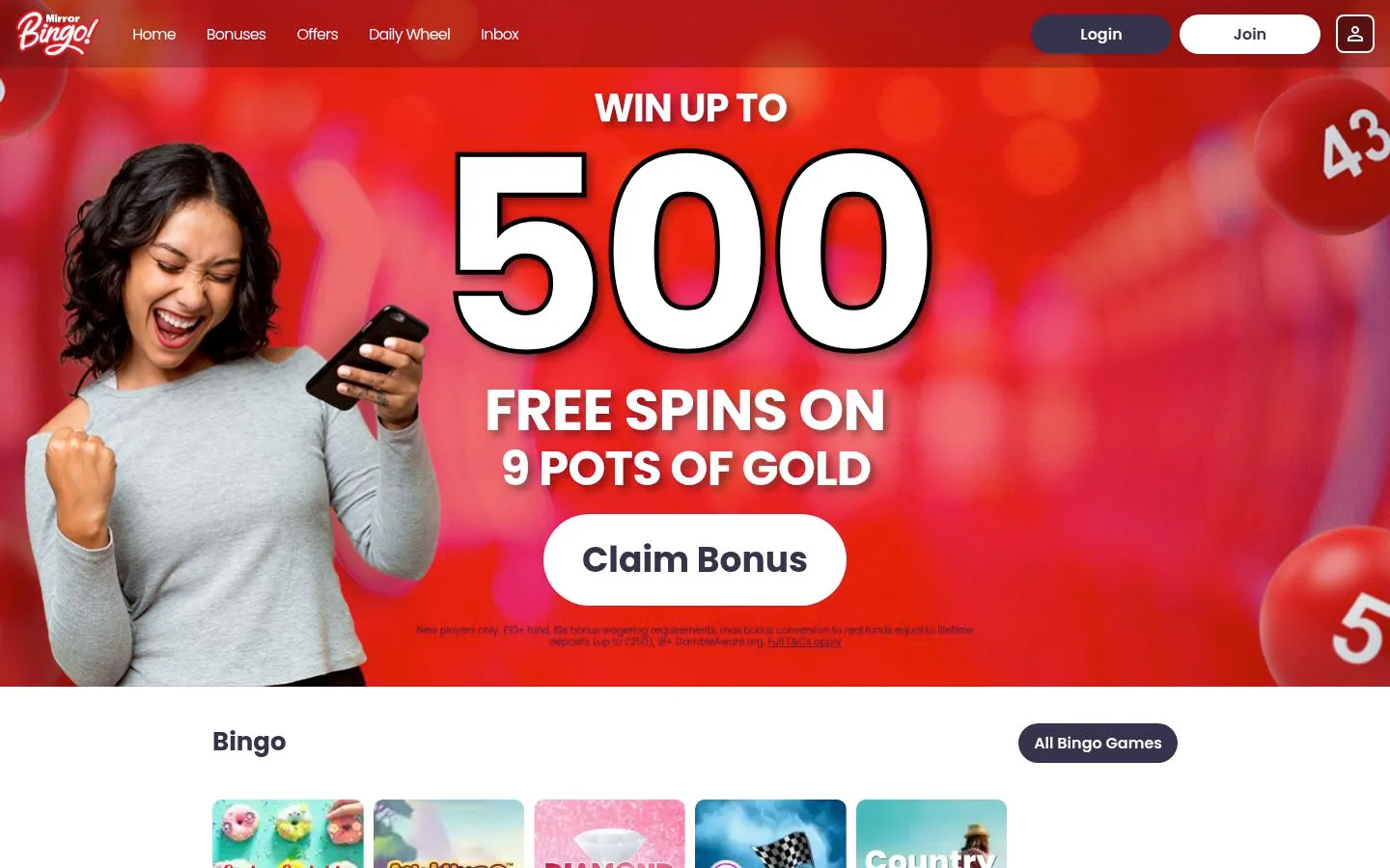 Mirror Bingo homepage screenshot