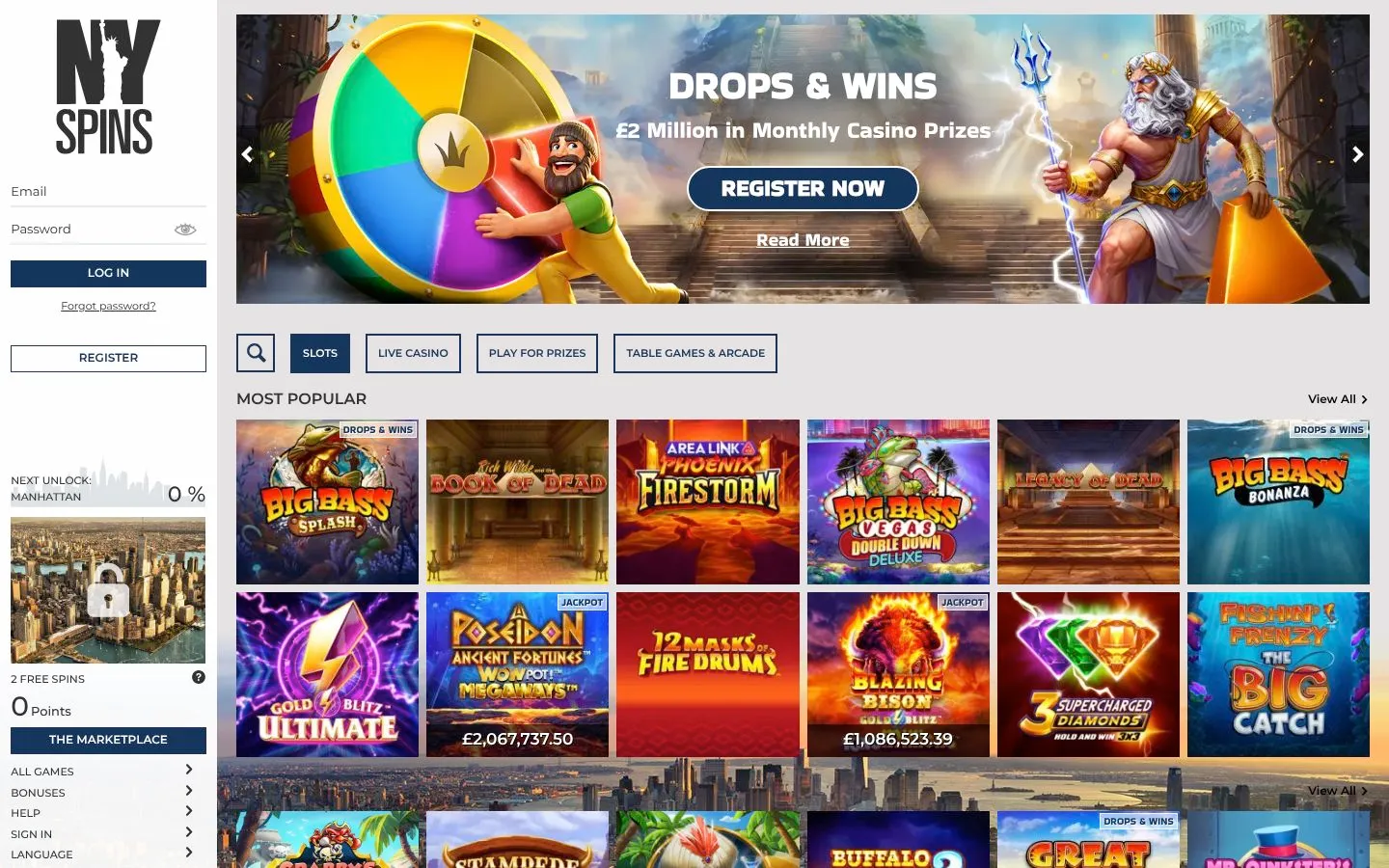 NYspins Casino homepage screenshot
