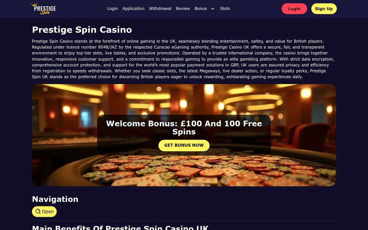 Prestige Spin Casino homepage screenshot