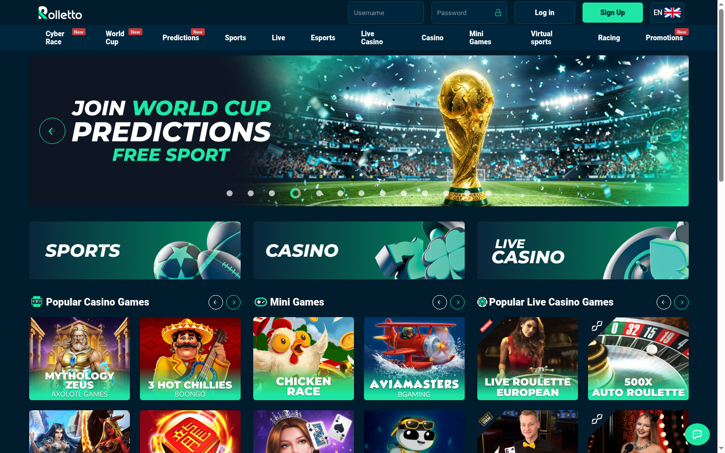 Rolletto Casino homepage screenshot