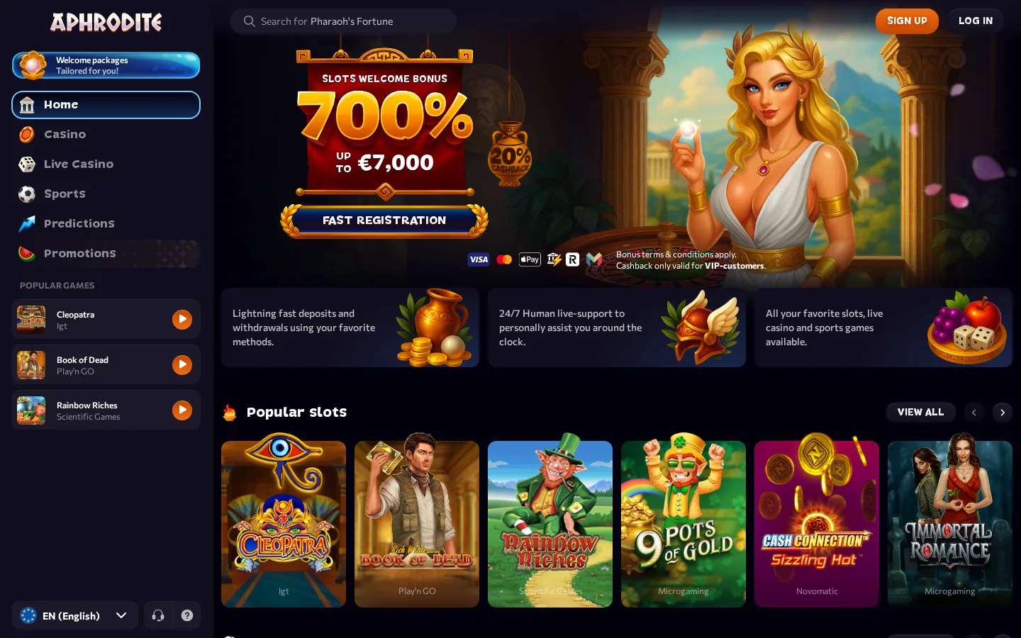 Aphrodite Casino homepage screenshot