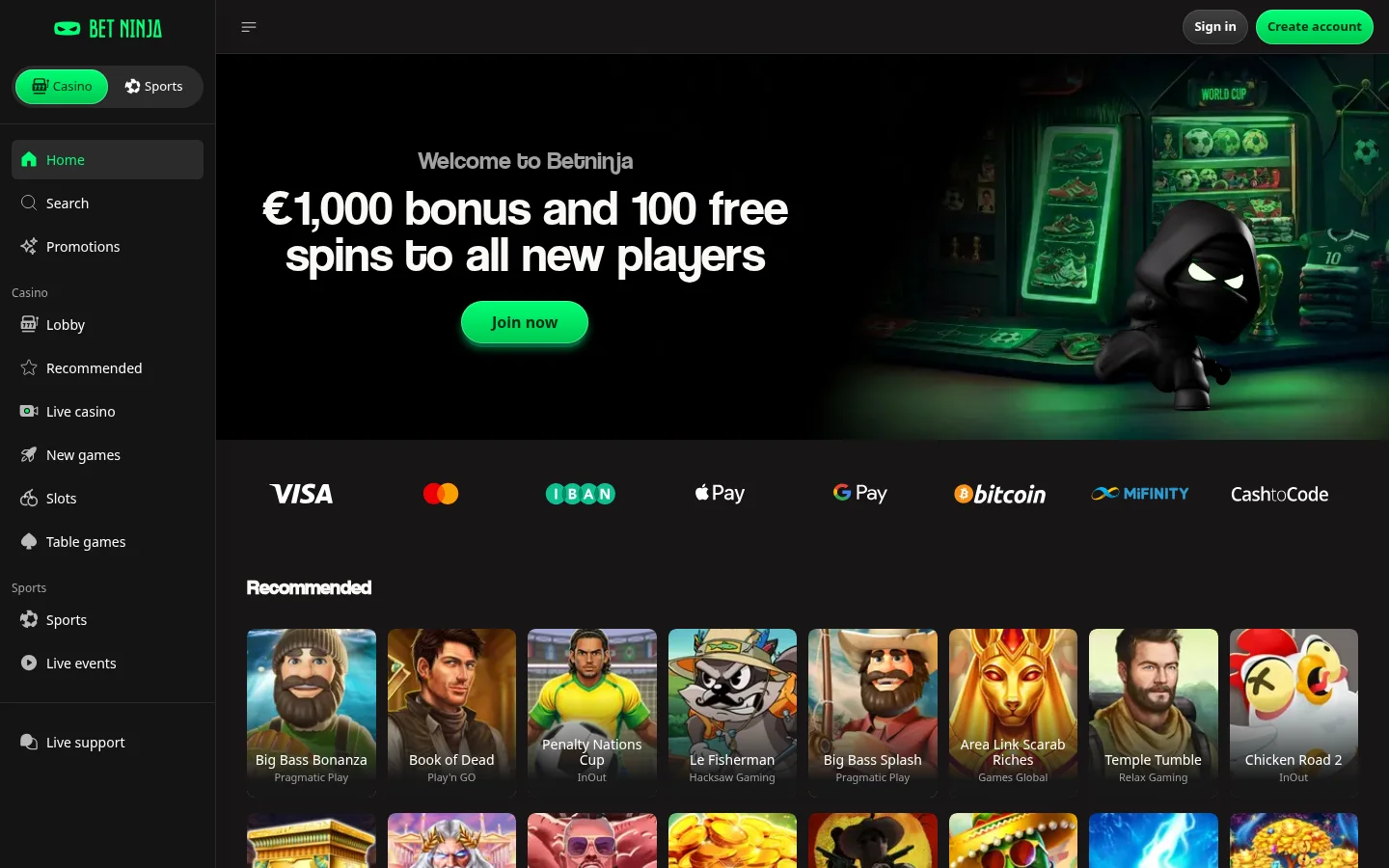 BetNinja homepage screenshot