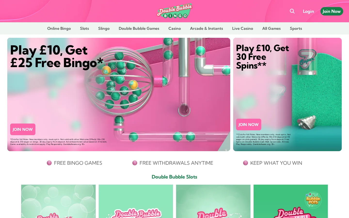 Double Bubble Bingo homepage screenshot