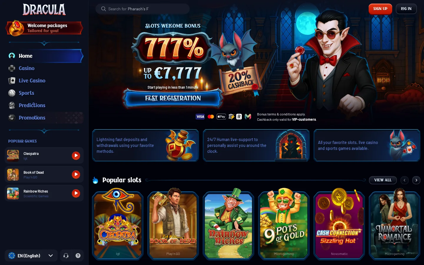 Dracula Casino homepage screenshot
