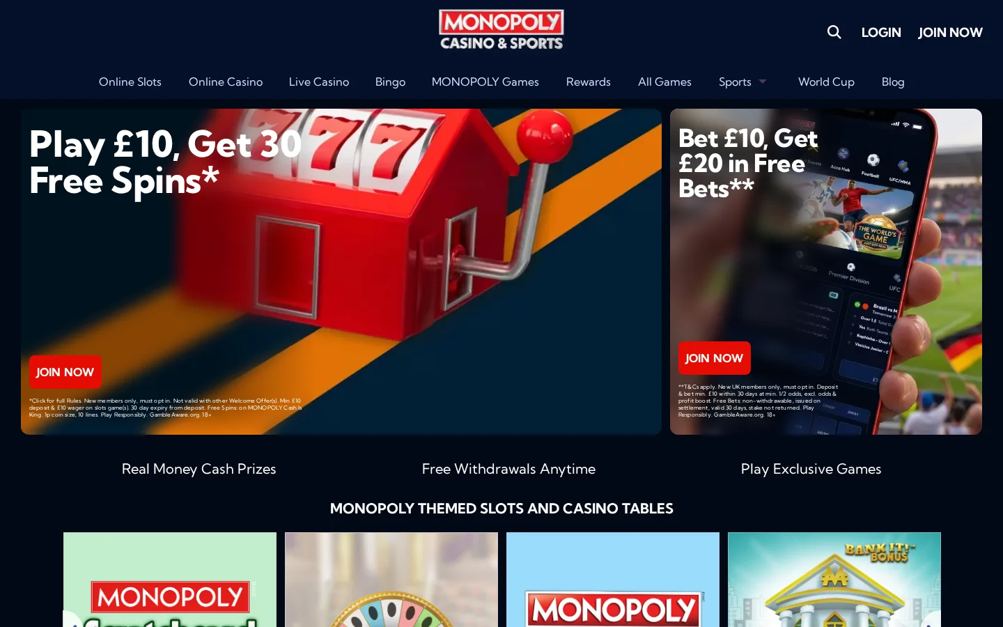 Monopoly Casino homepage screenshot
