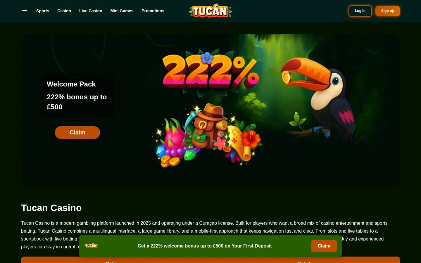 Tucan Casino homepage screenshot