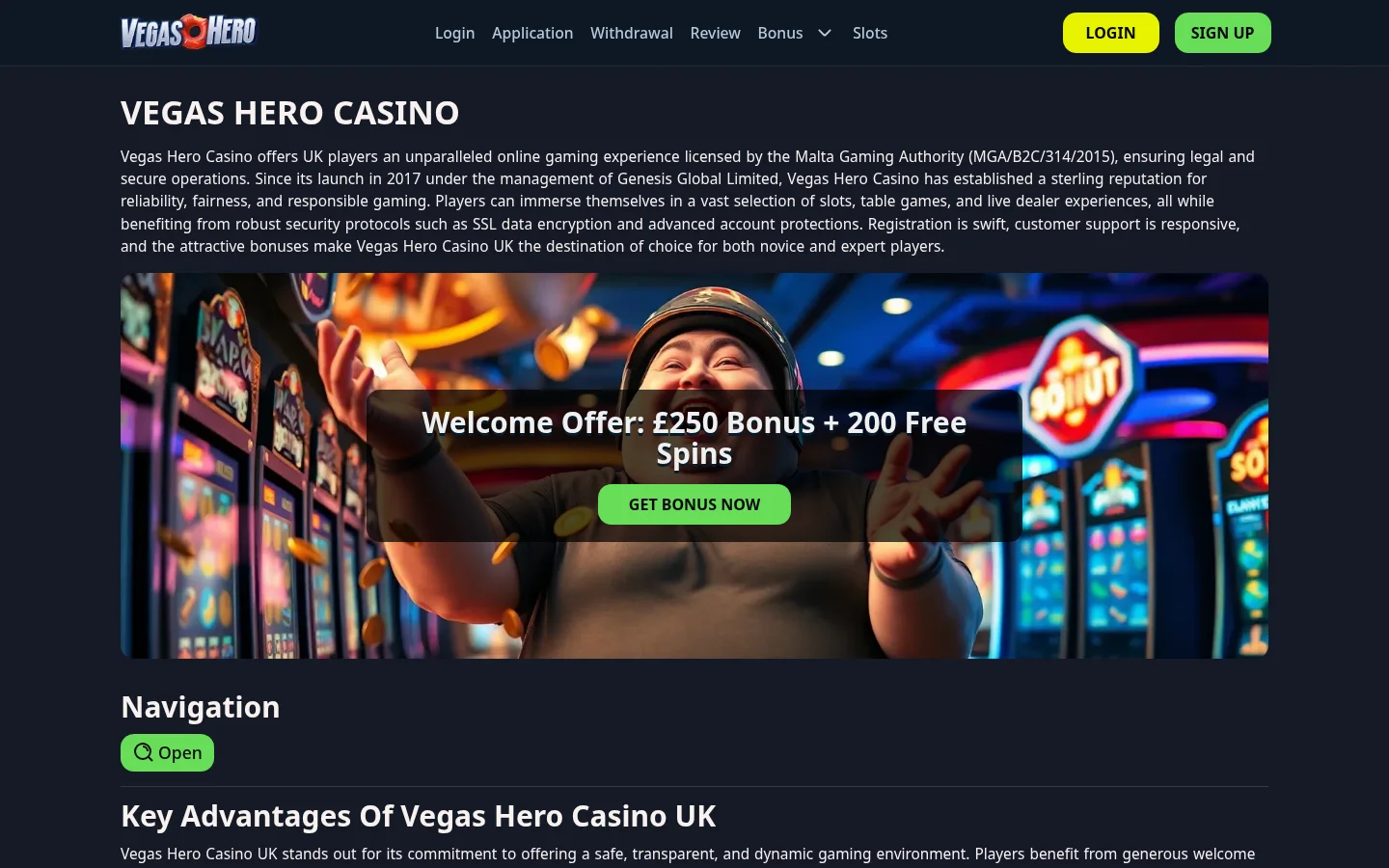 VegasHero homepage screenshot