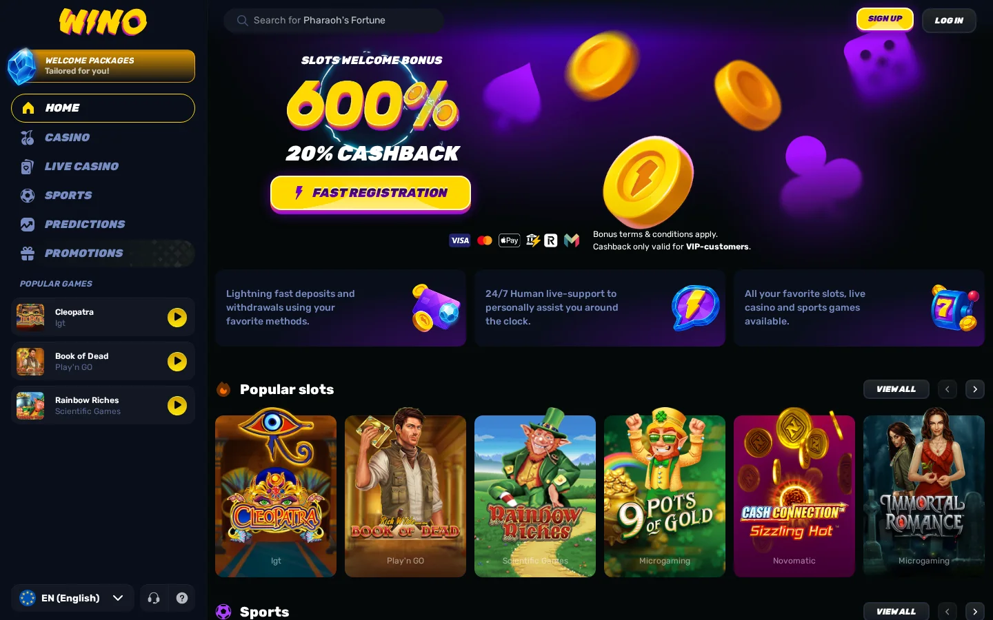 Wino Casino homepage screenshot