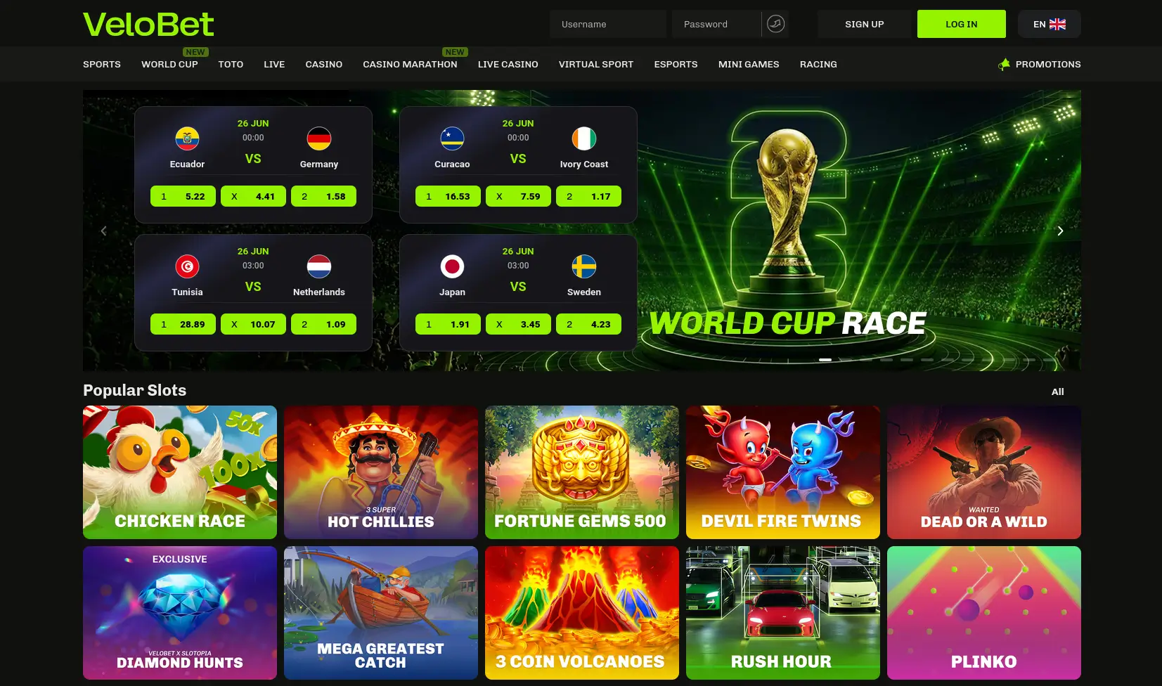 Velobet homepage screenshot