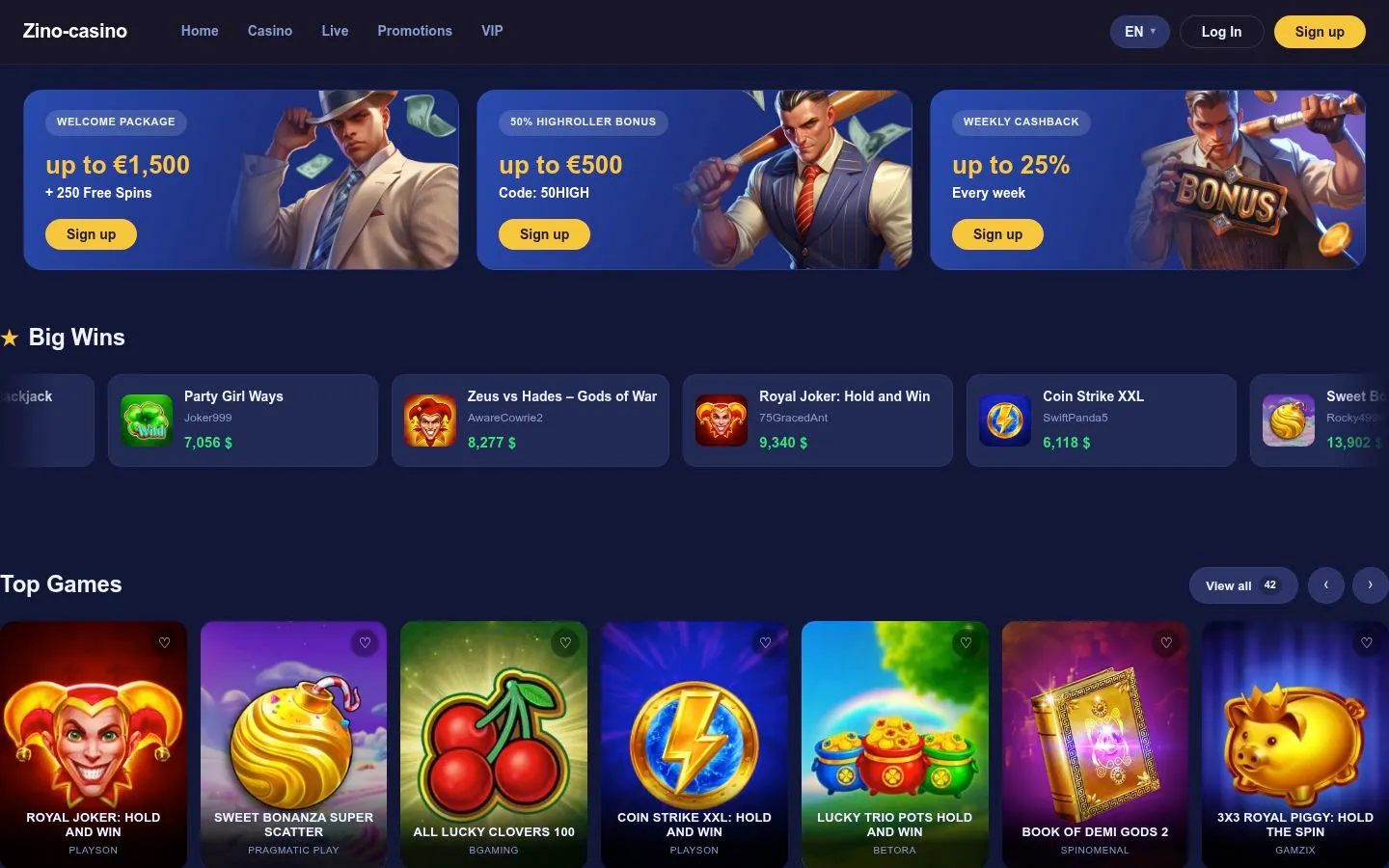 Zino Casino homepage screenshot