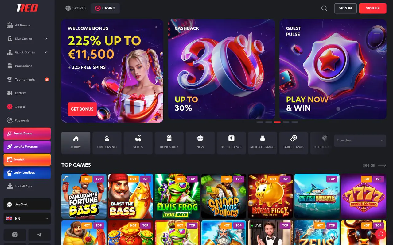 1Red Casino homepage screenshot