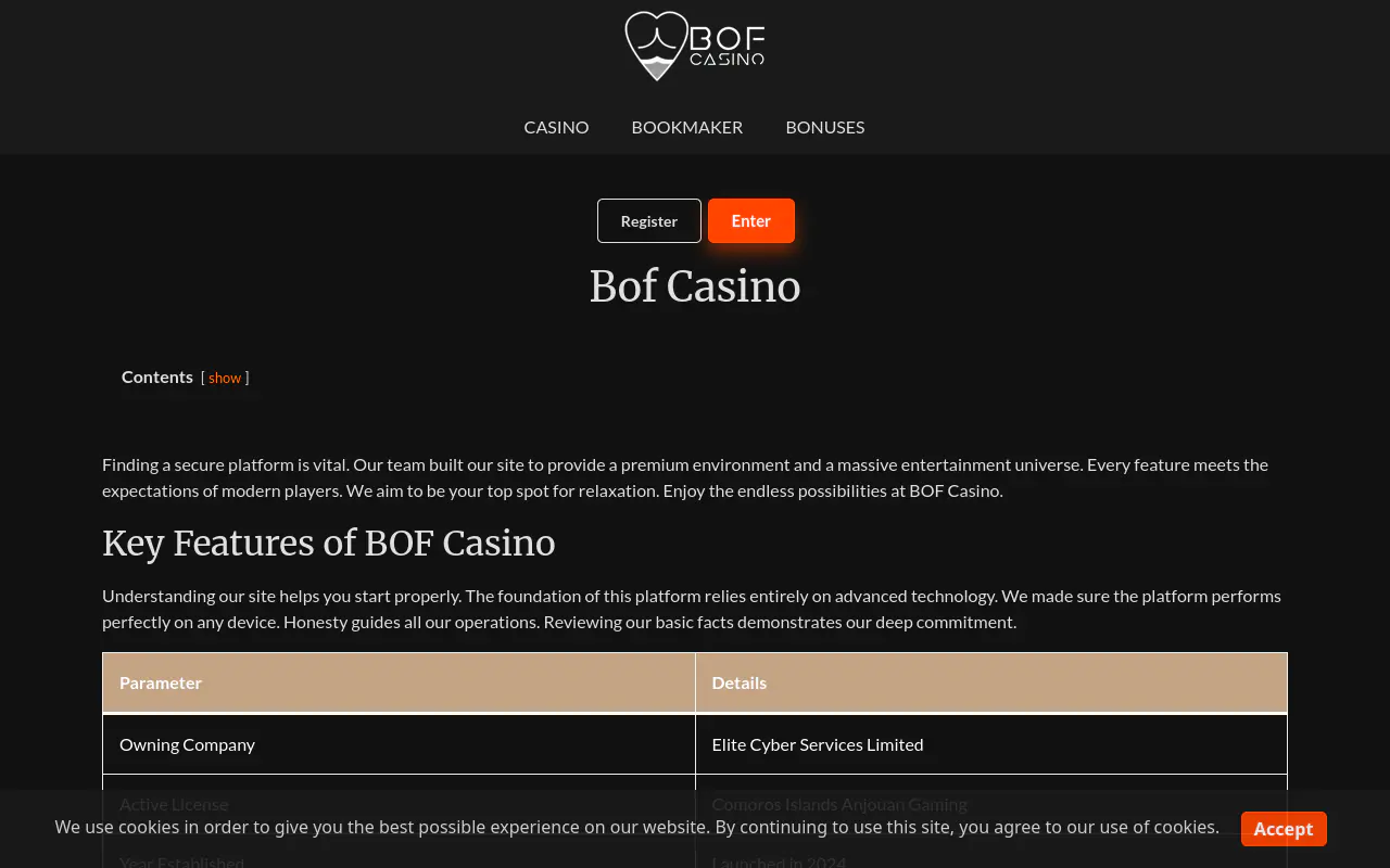 BOF Casino homepage screenshot