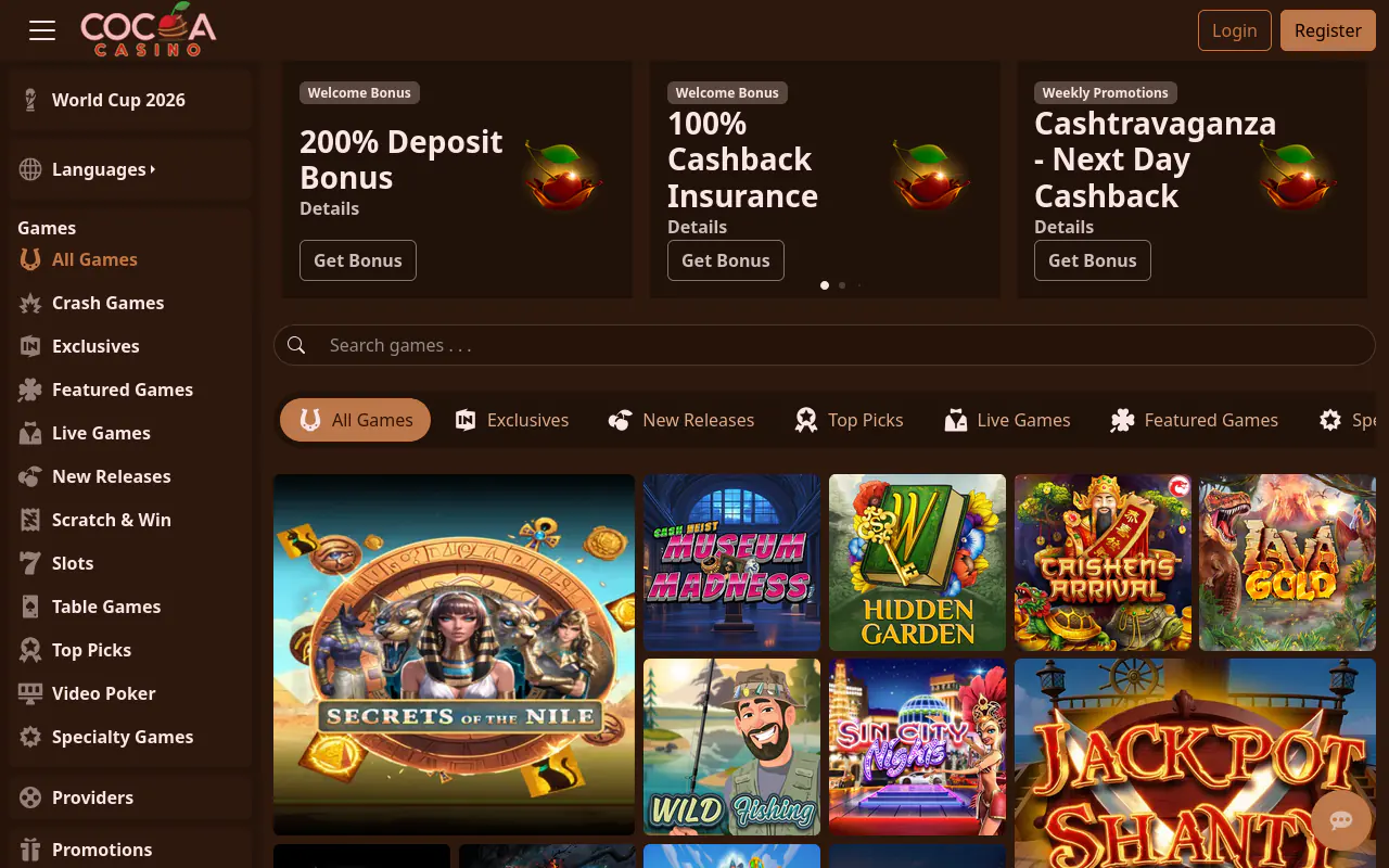 Cocoa Casino homepage screenshot