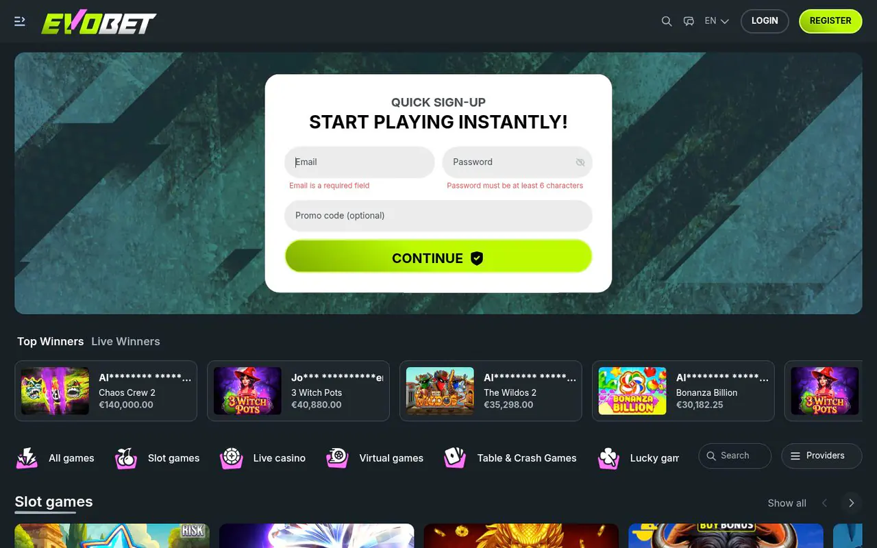 Evobet Casino homepage screenshot