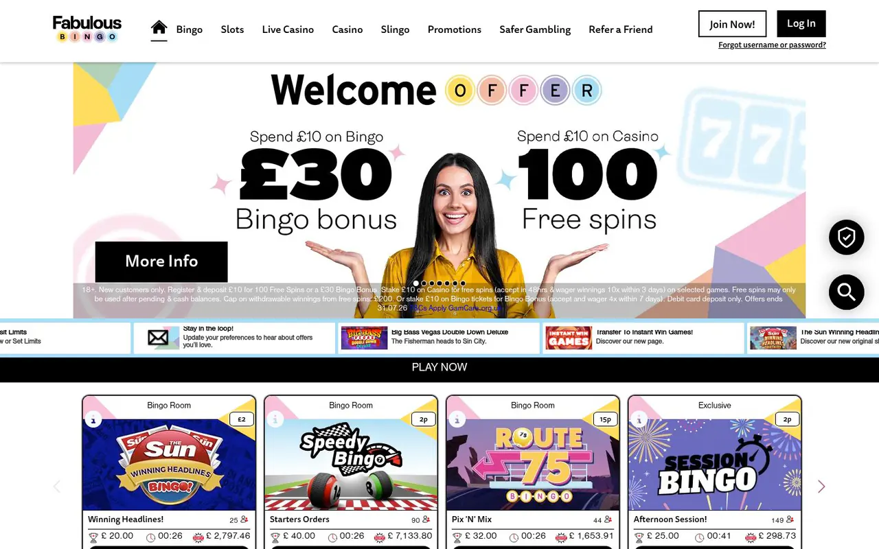 Fabulous Bingo homepage screenshot