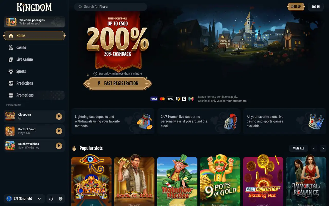 Kingdom Casino homepage screenshot
