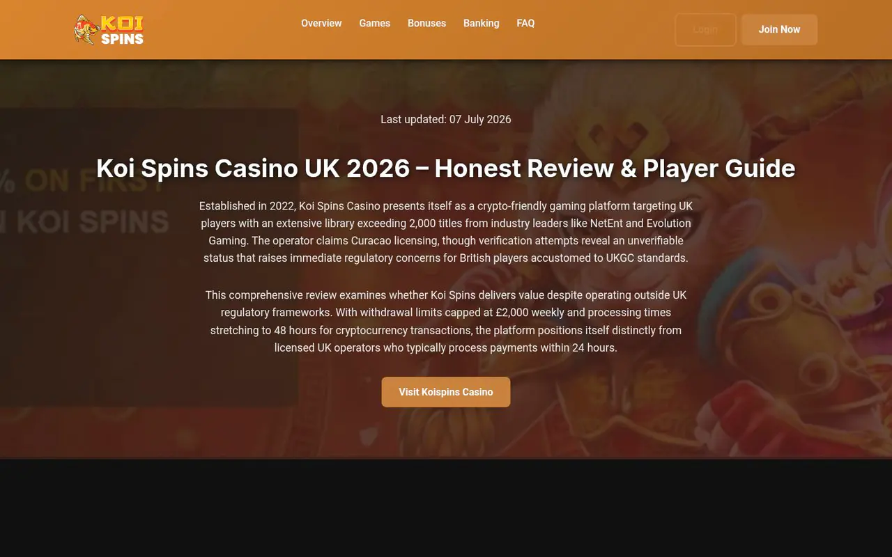 Koi Spins homepage screenshot