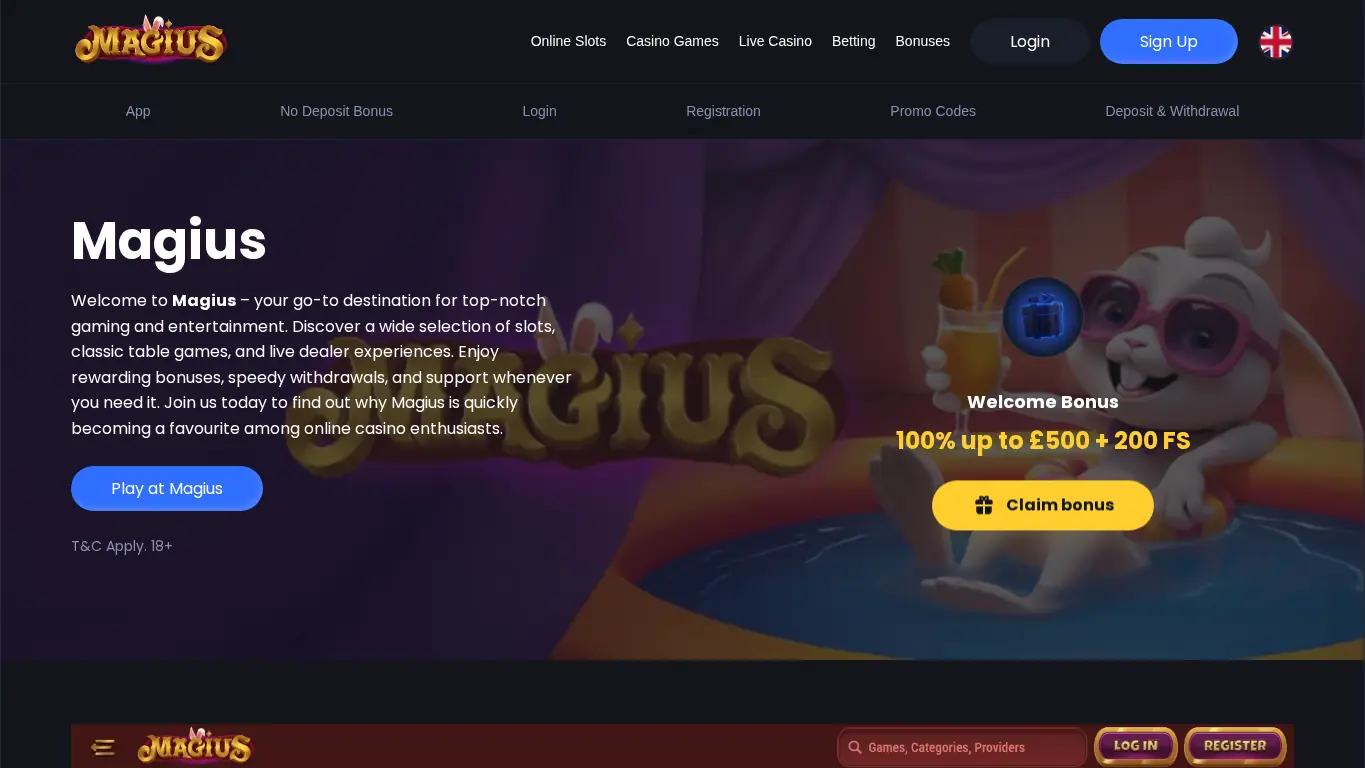 Magius Casino homepage screenshot