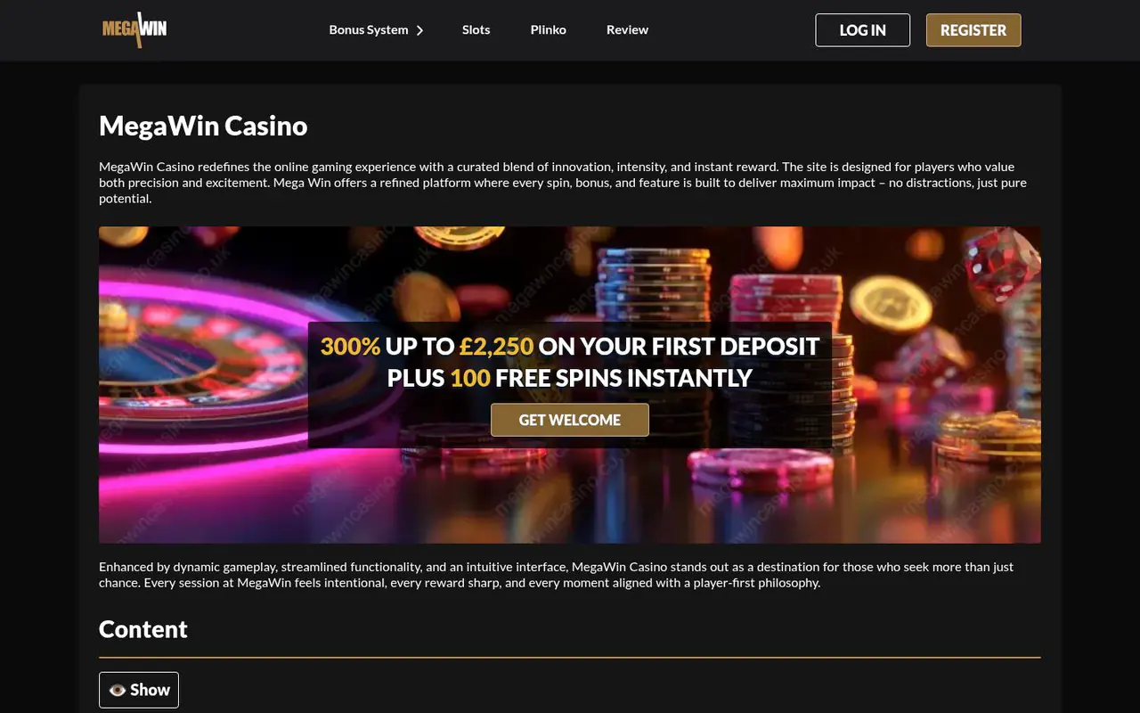 Megawin Casino homepage screenshot
