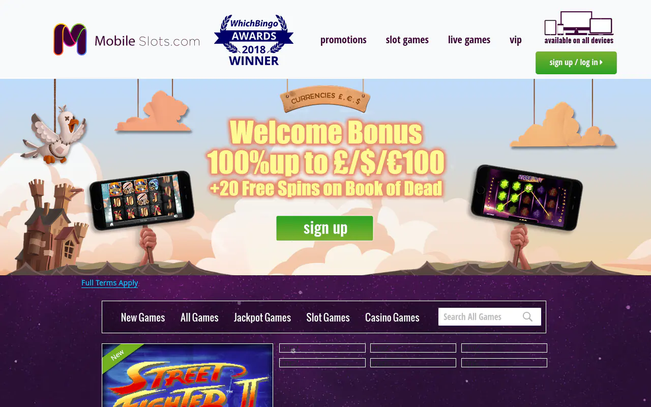 Mobile Slots homepage screenshot