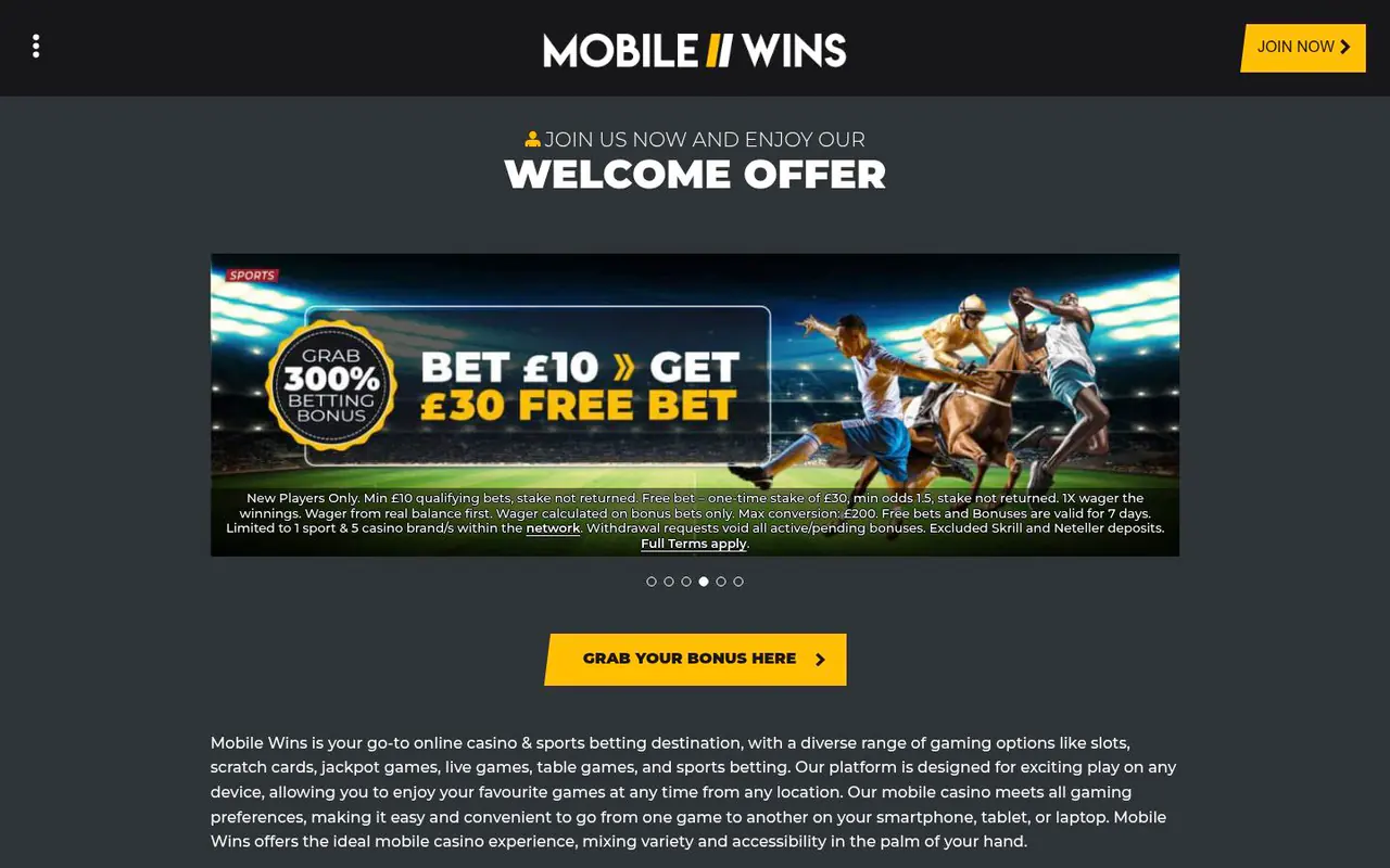Mobile Wins Casino homepage screenshot