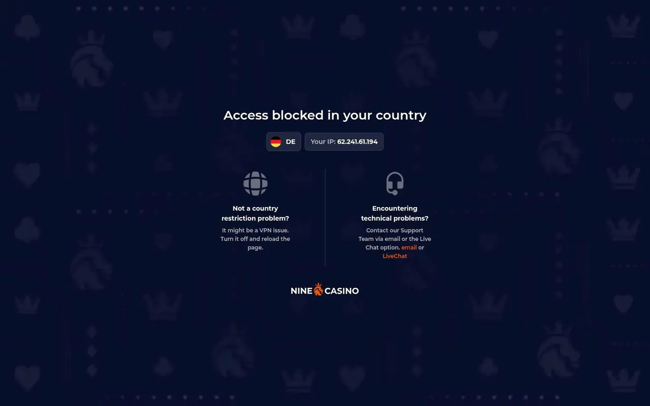 Nine Casino homepage screenshot