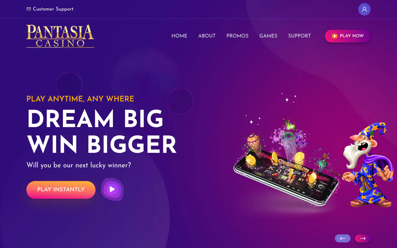 Pantasia Casino homepage screenshot