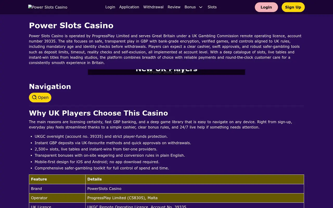 Power Slots homepage screenshot