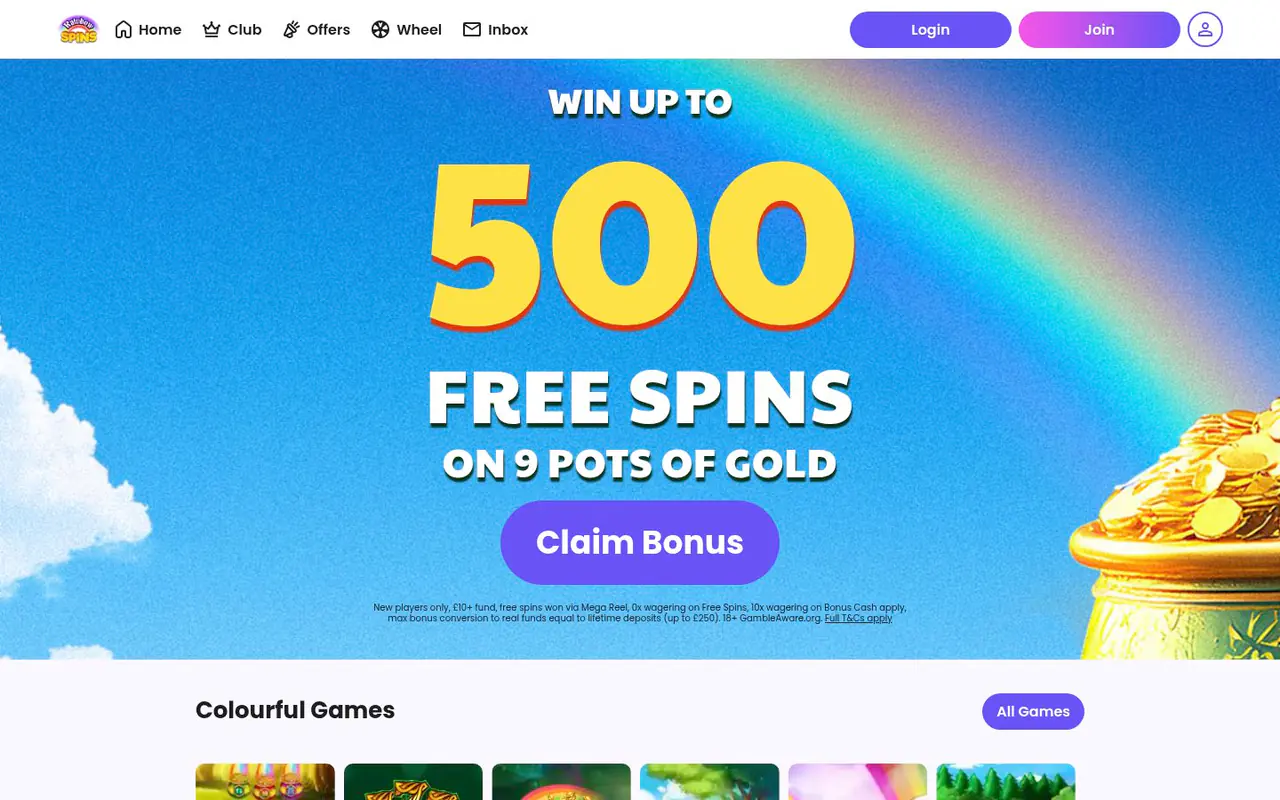 Rainbow Spins homepage screenshot