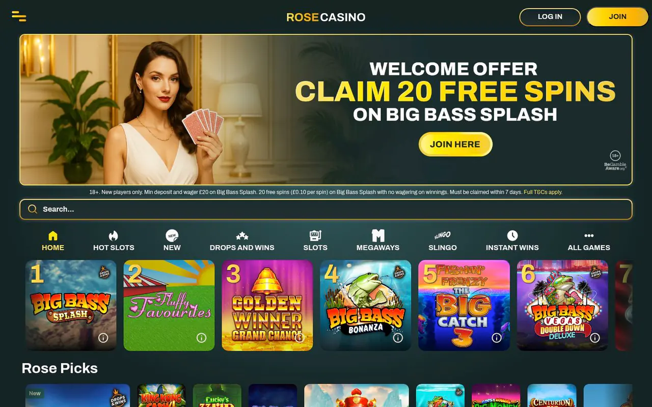 Rose Casino homepage screenshot
