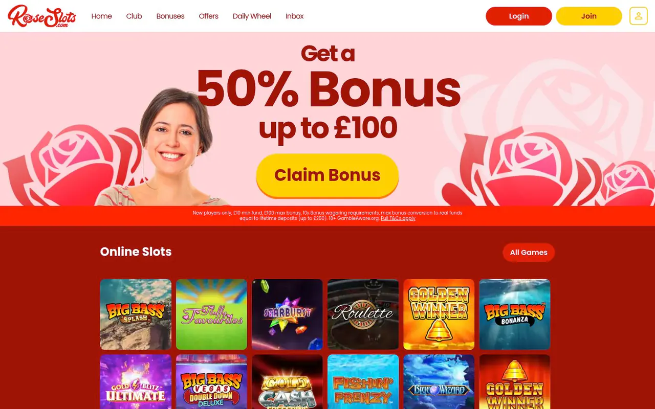 Rose Slots homepage screenshot