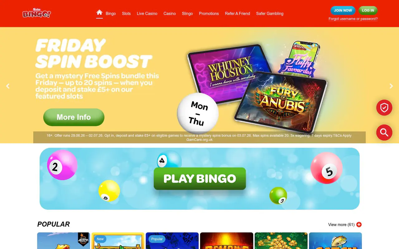 Sun Bingo homepage screenshot