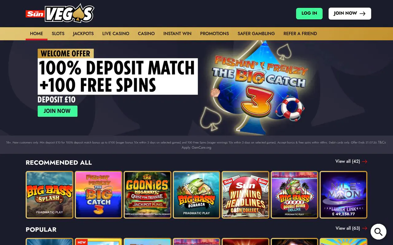 The Sun Vegas homepage screenshot