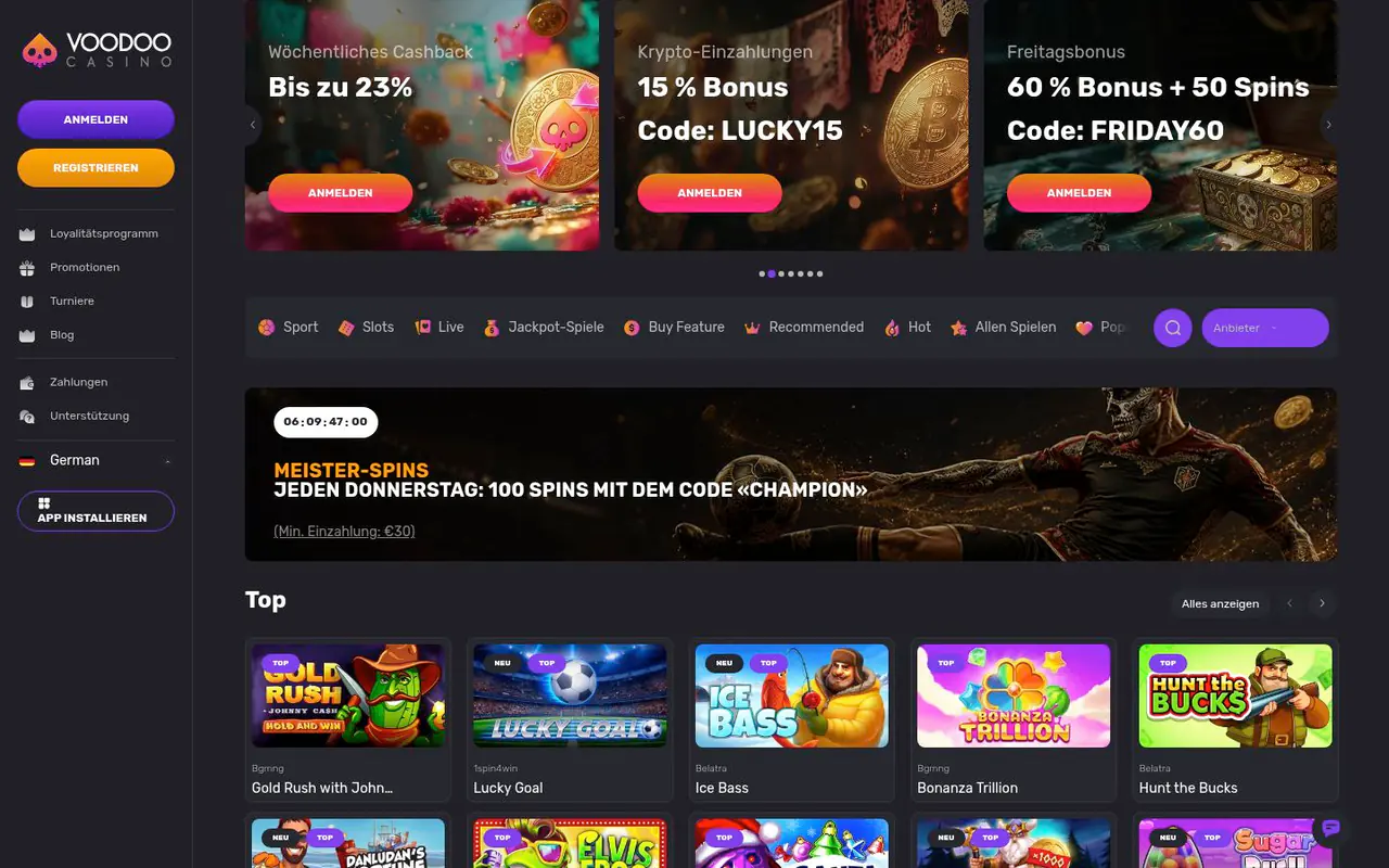 Voodoo Casino homepage screenshot
