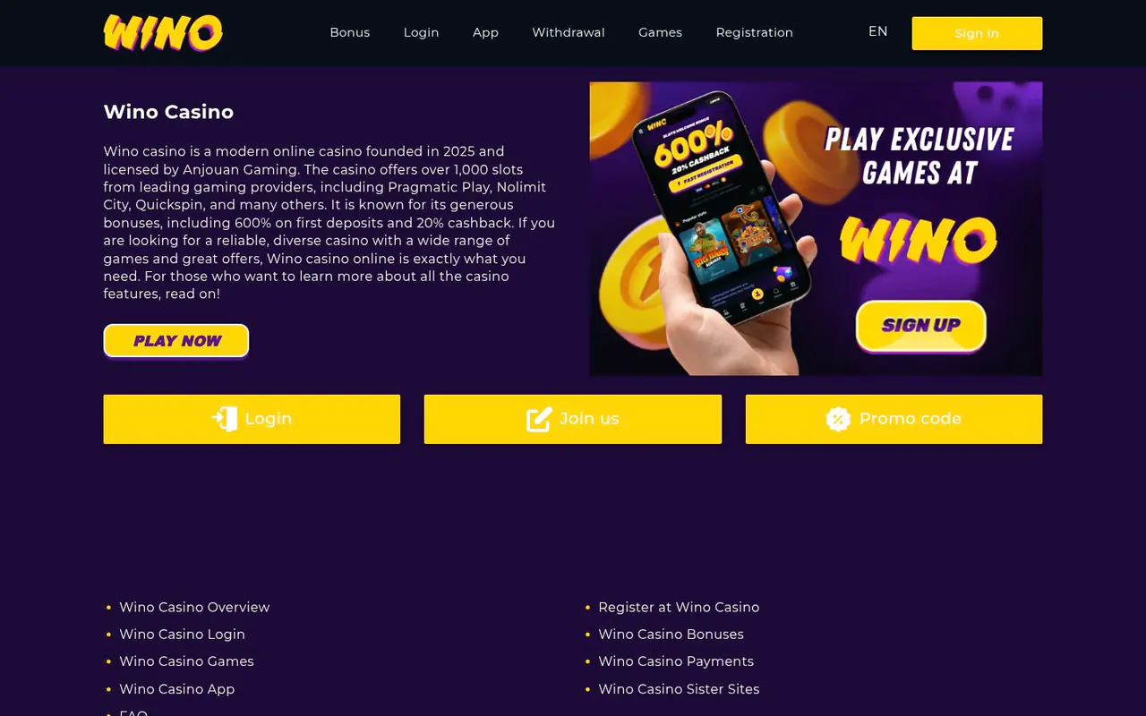 Wino Casino homepage screenshot