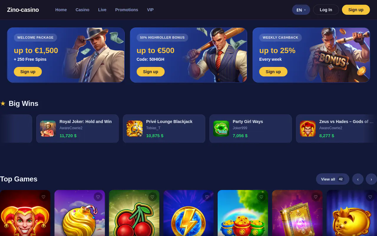 Zino Casino homepage screenshot
