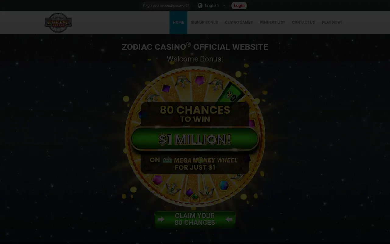 Zodiac Casino homepage screenshot
