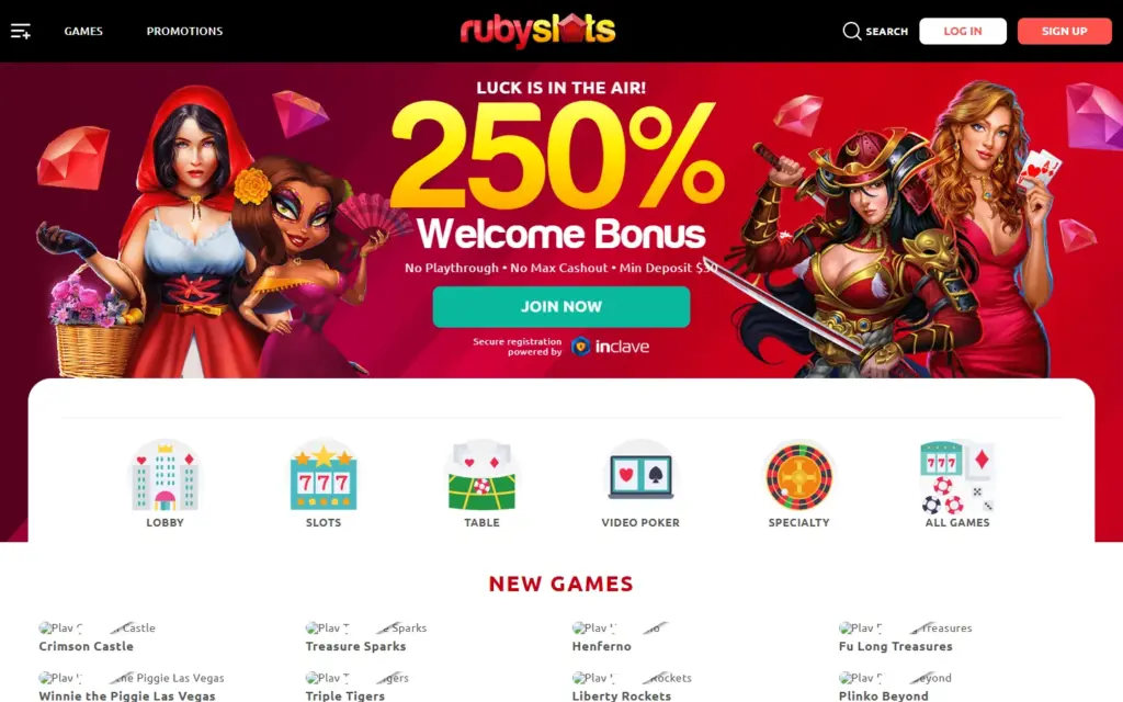 Ruby Slots homepage