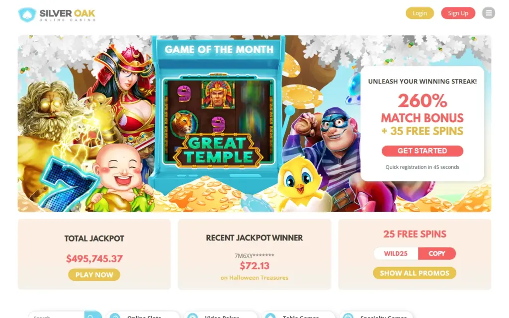Silver Oak Casino homepage